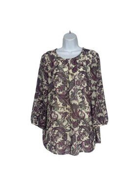 Charter Club Womens Paisley Blouse L Purple Ivory Chiffon Floral Long Sleeve